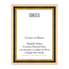 Cornice Moderna su Misura - Modello Nolan Cassetta Natural Chic con Incastro Scalino Nero e Foglia Oro verde