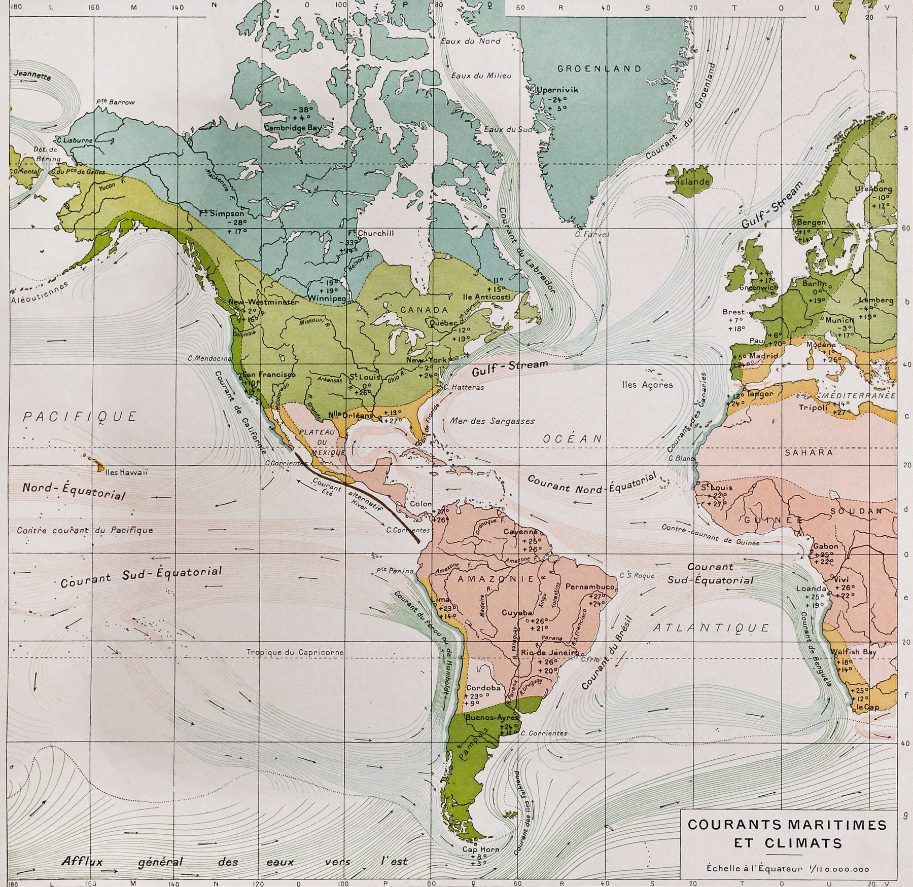 Antica Mappa America - Anno 1894 - Clima e Correnti Oceaniche Oceano