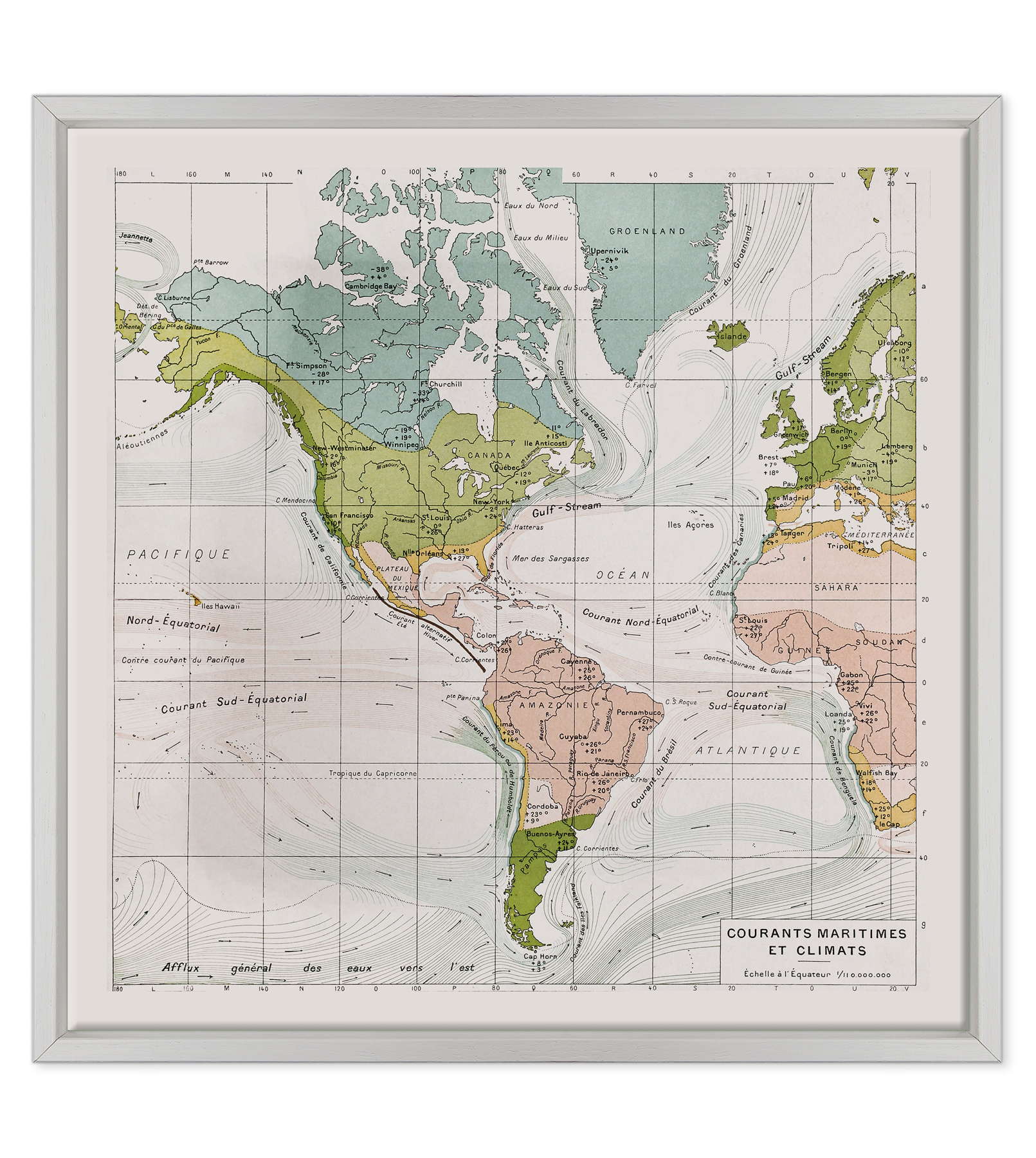 Antica Mappa America - Anno 1894 - Clima e Correnti Oceaniche Oceano