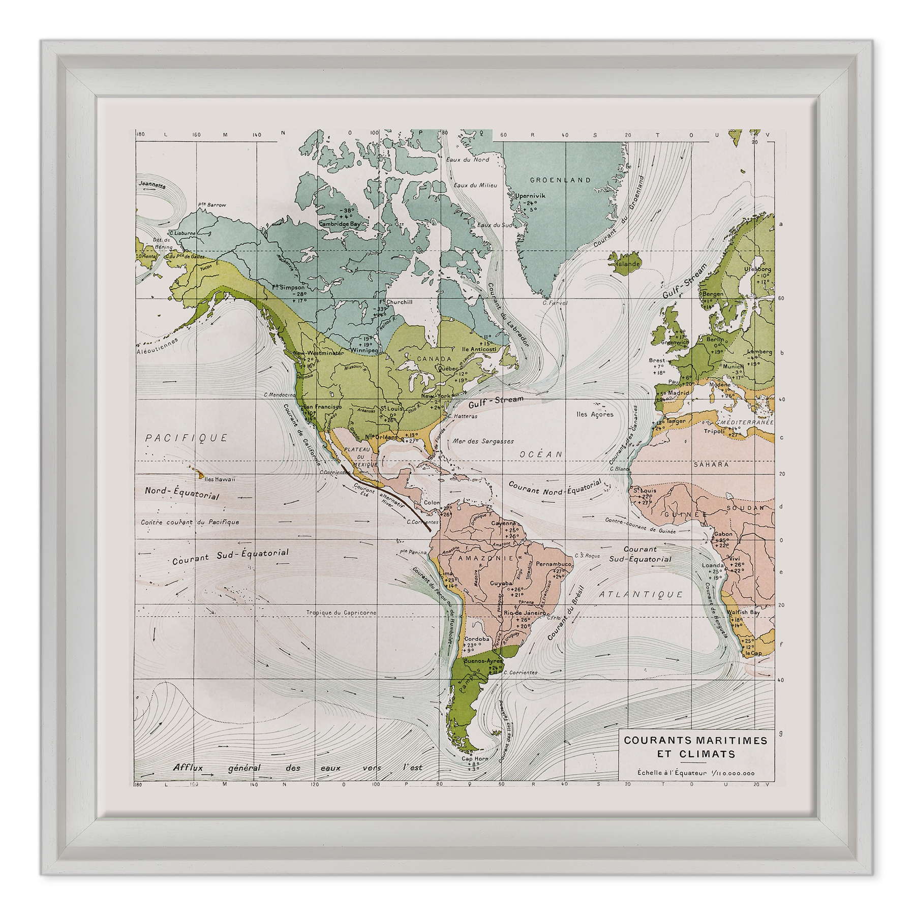 Antica Mappa America - Anno 1894 - Clima e Correnti Oceaniche Oceano