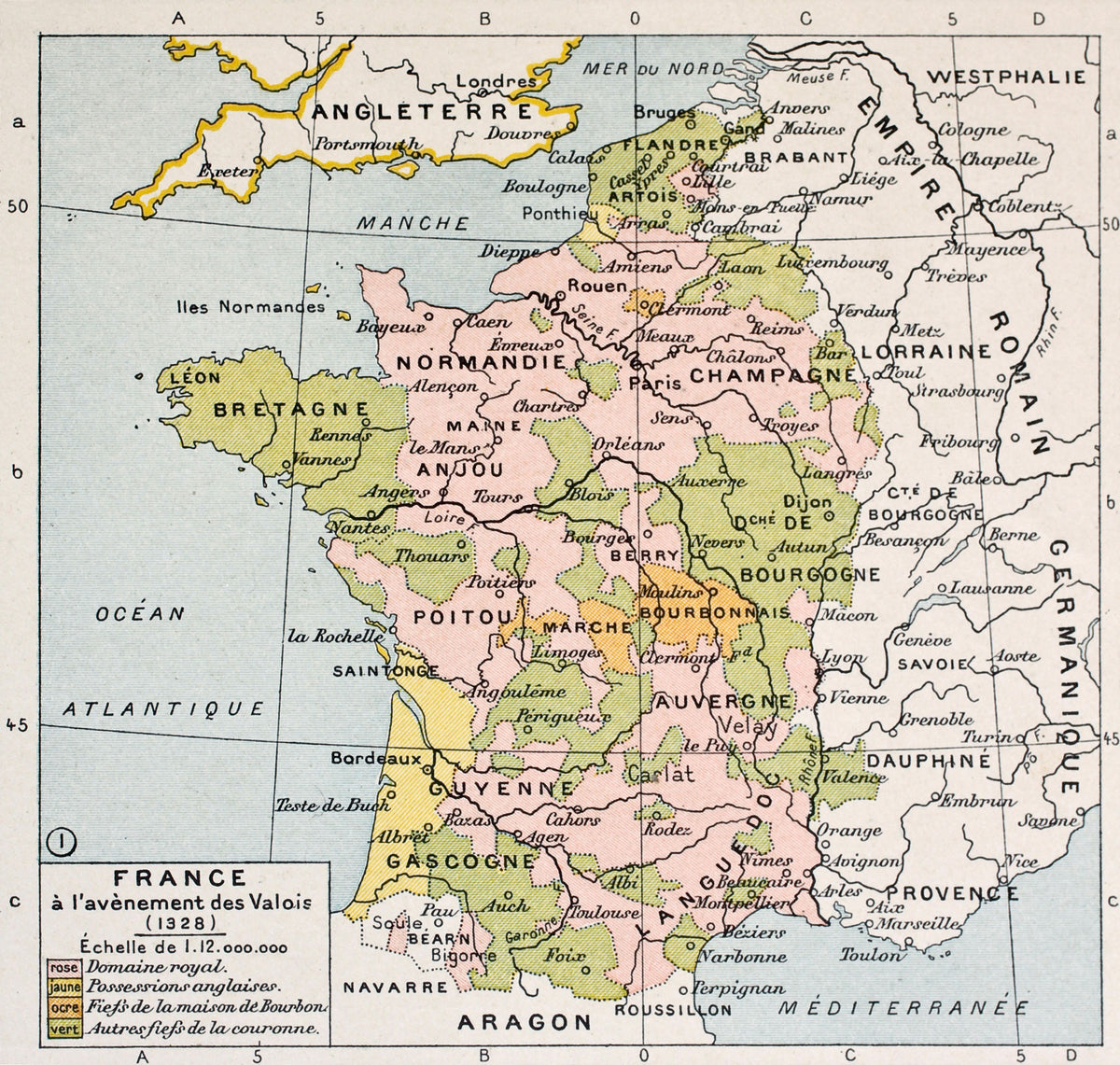 Antica Mappa Politica della Francia nel 1328 - Anno realizzazione 1894