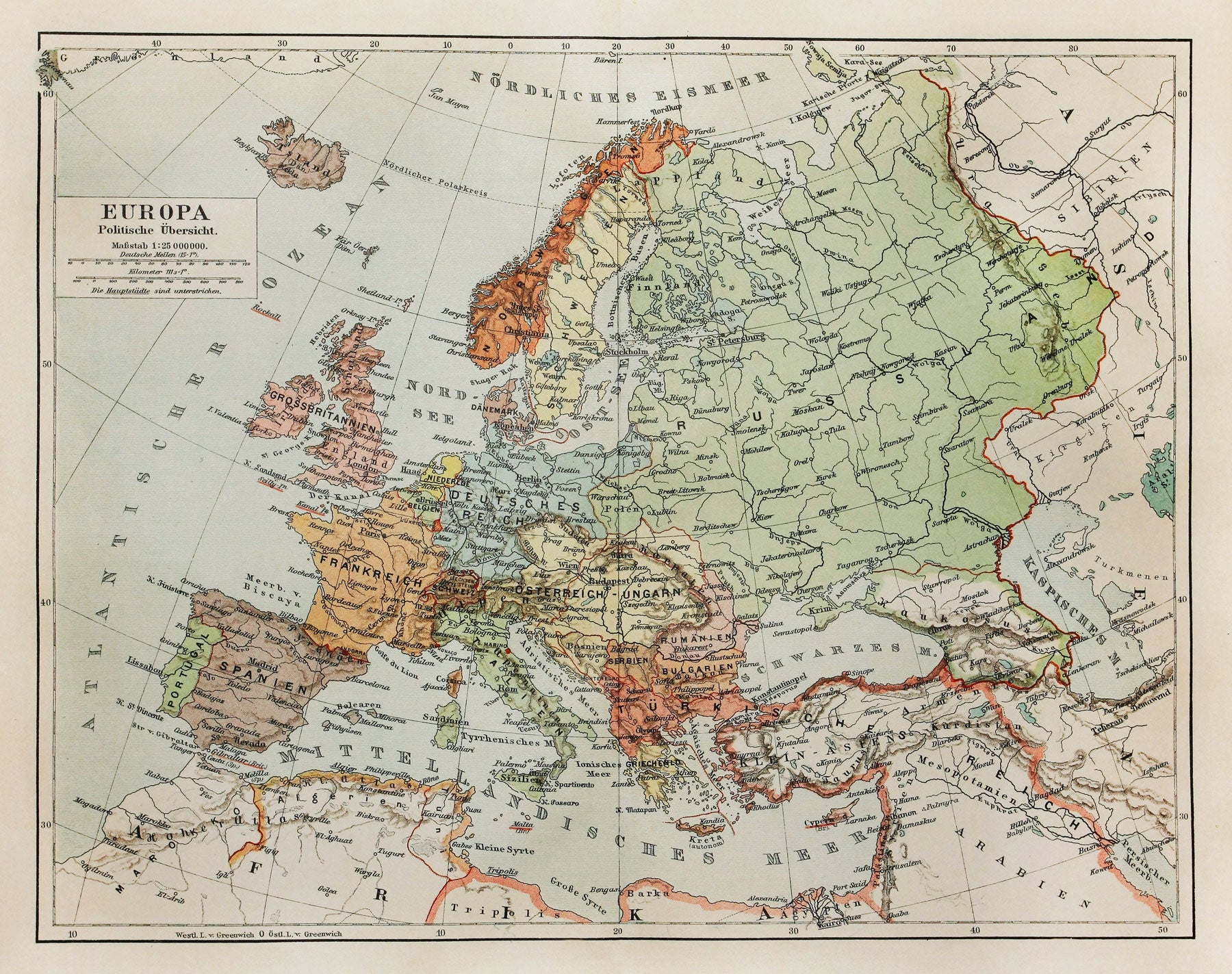Antica Mappa Europa fine 1800 - Anno 1908