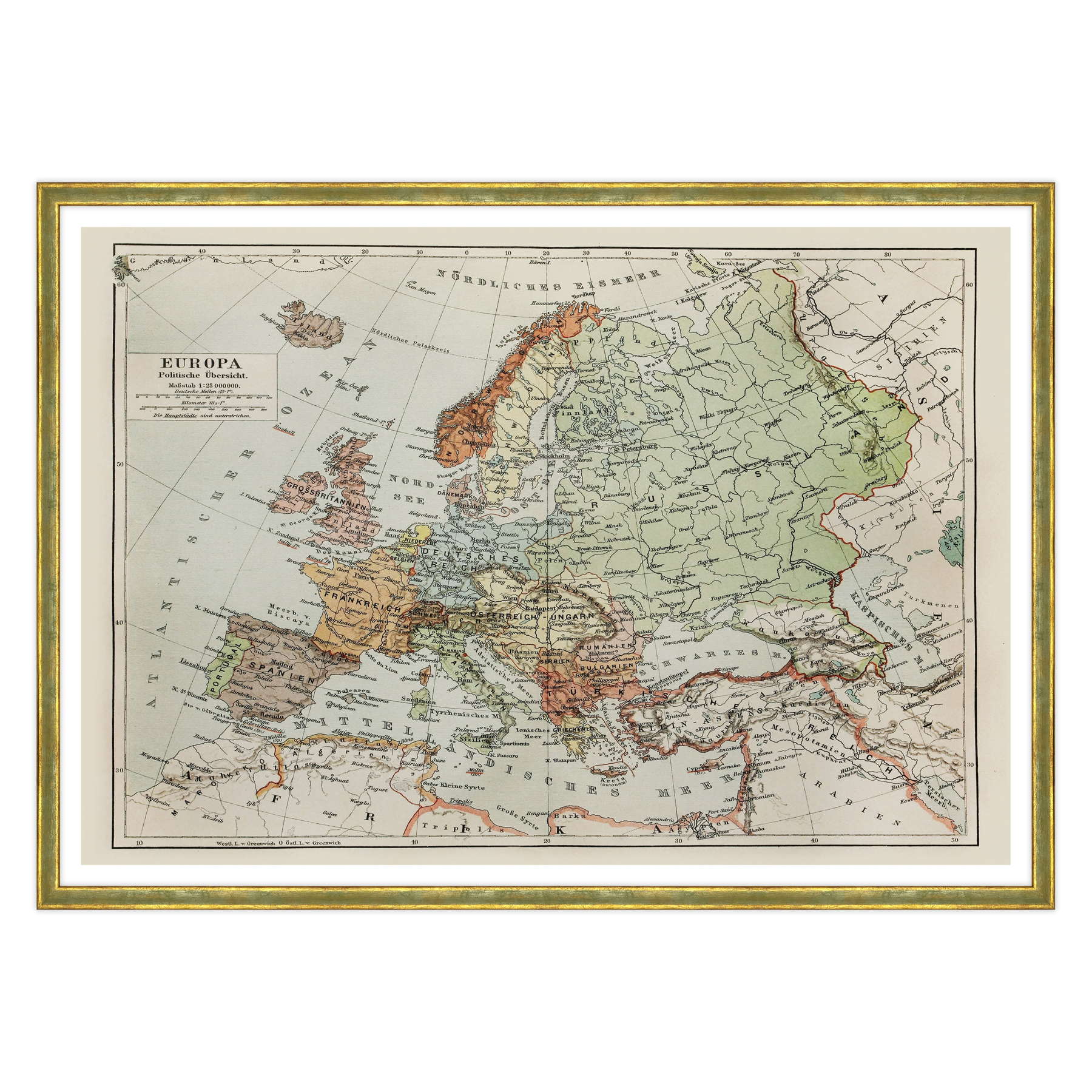 Antica Mappa Europa fine 1800 - Anno 1908