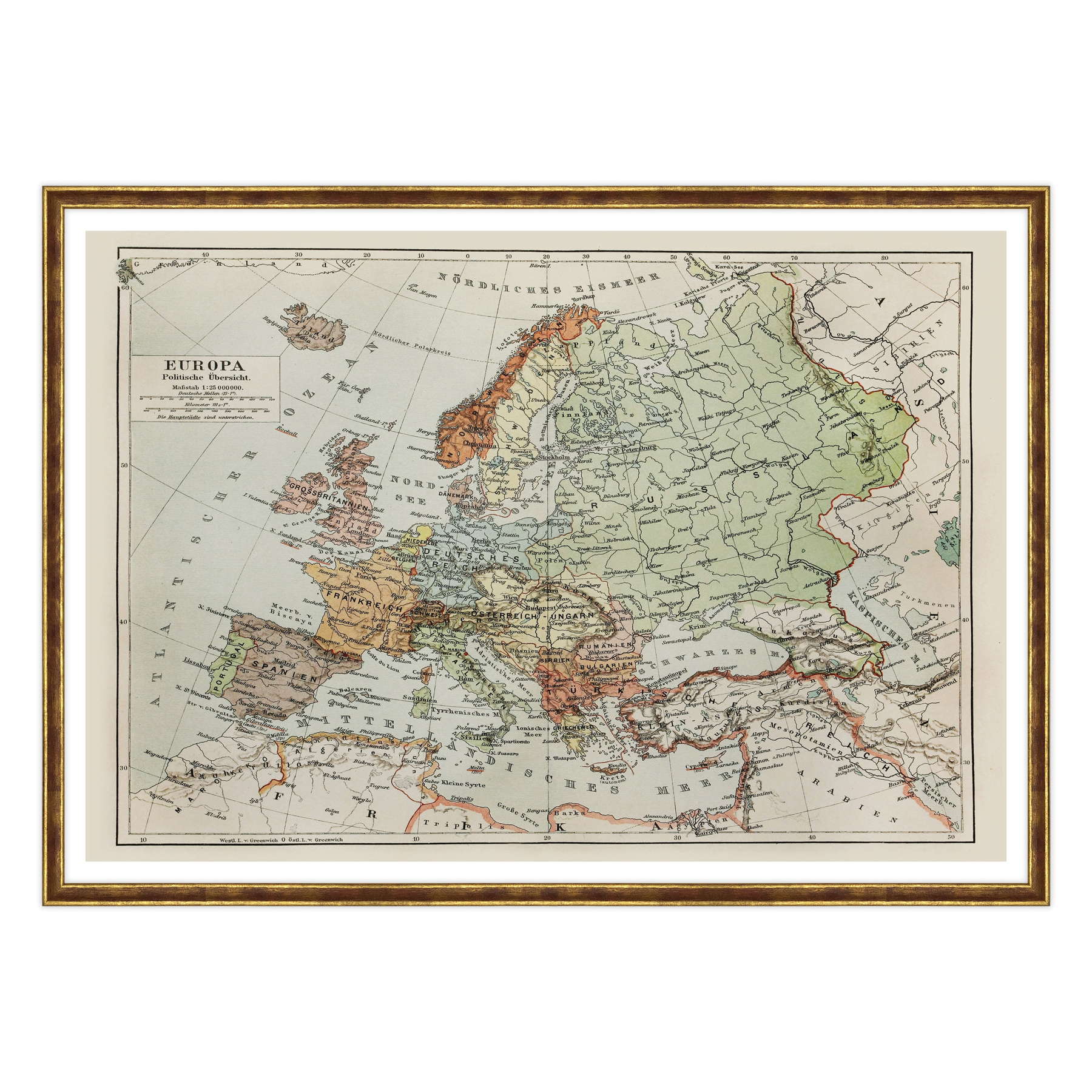 Antica Mappa Europa fine 1800 - Anno 1908