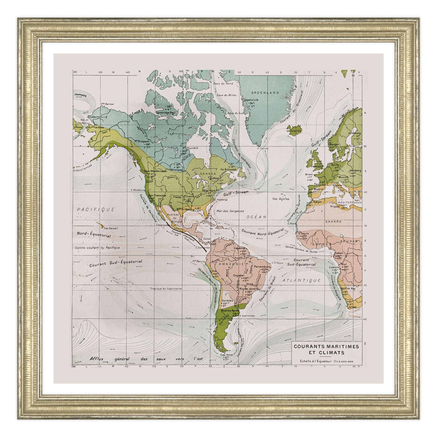 Antica Mappa America - Anno 1894 - Clima e Correnti Oceaniche Oceano