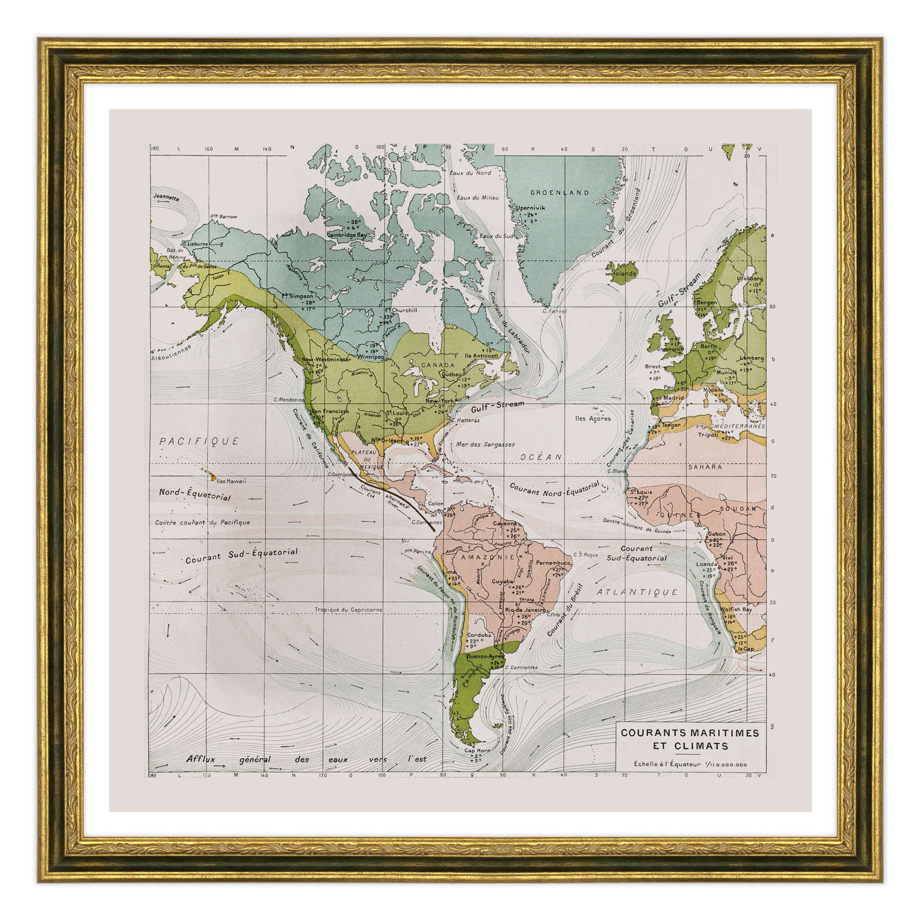 Antica Mappa America - Anno 1894 - Clima e Correnti Oceaniche Oceano