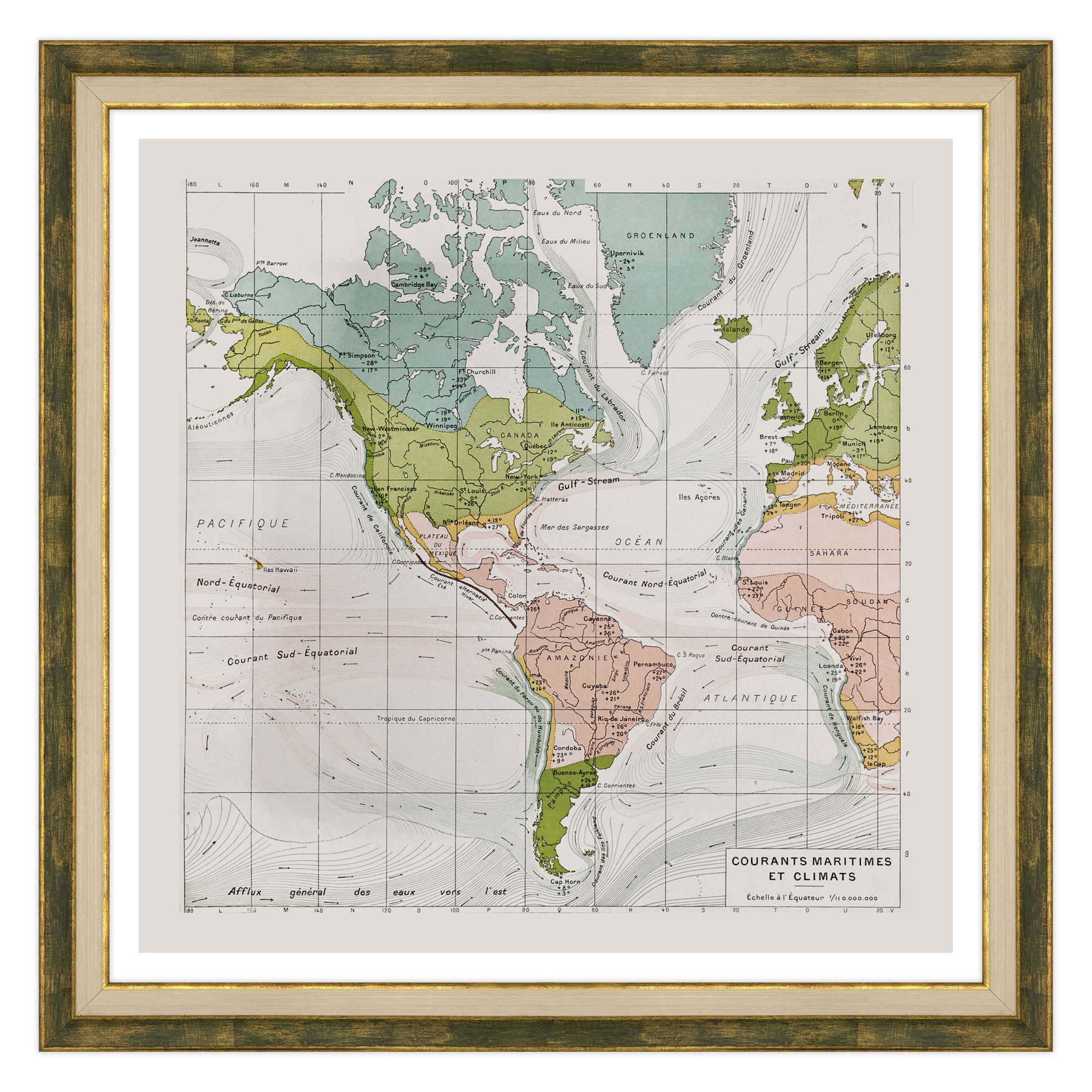 Antica Mappa America - Anno 1894 - Clima e Correnti Oceaniche Oceano