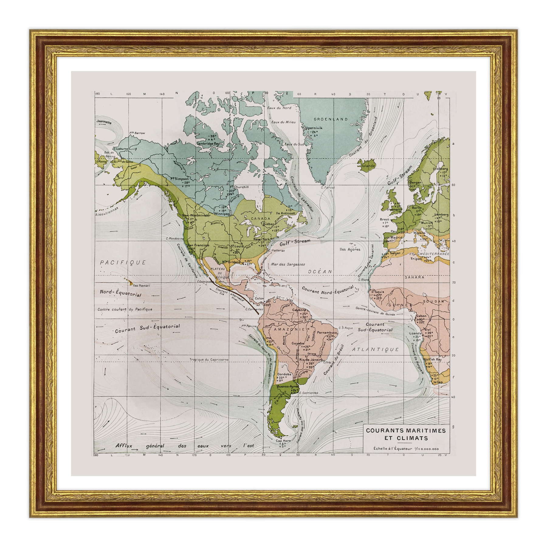 Antica Mappa America - Anno 1894 - Clima e Correnti Oceaniche Oceano