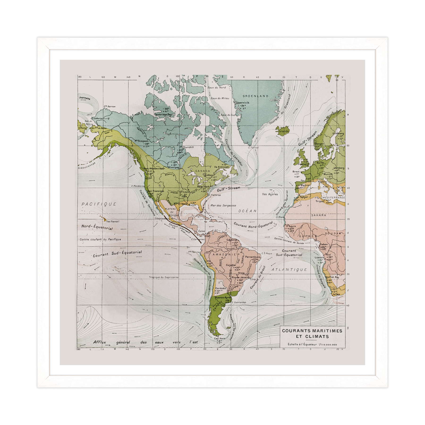 Antica Mappa America - Anno 1894 - Clima e Correnti Oceaniche Oceano