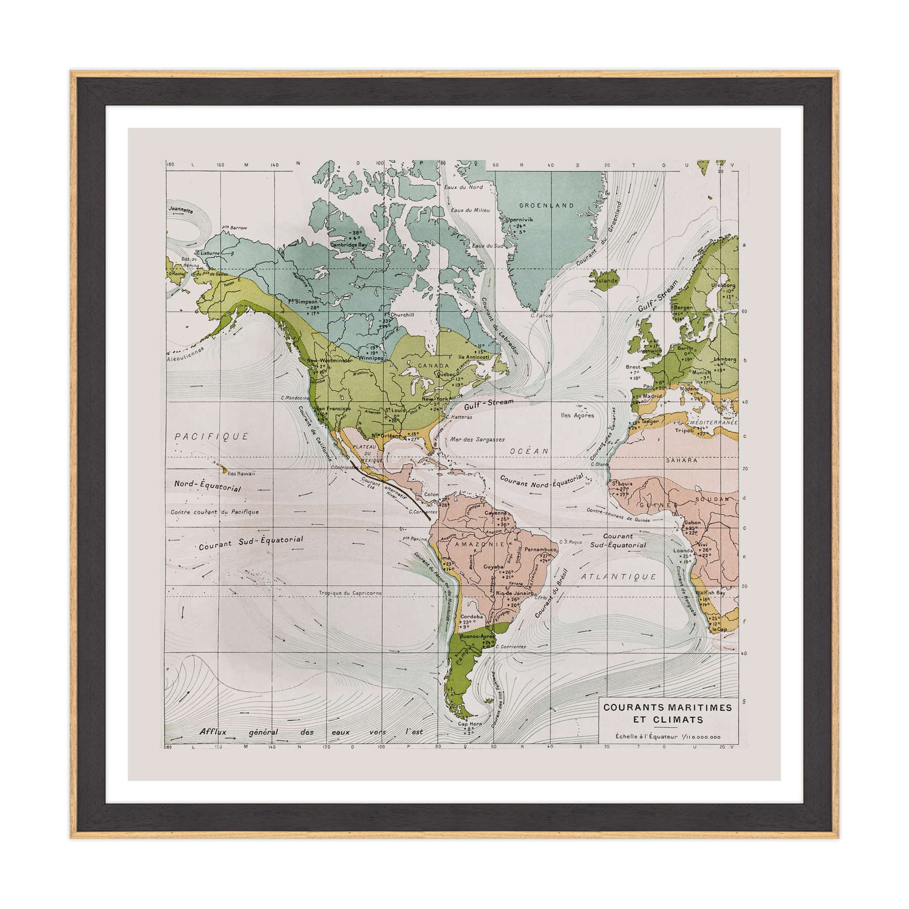 Antica Mappa America - Anno 1894 - Clima e Correnti Oceaniche Oceano