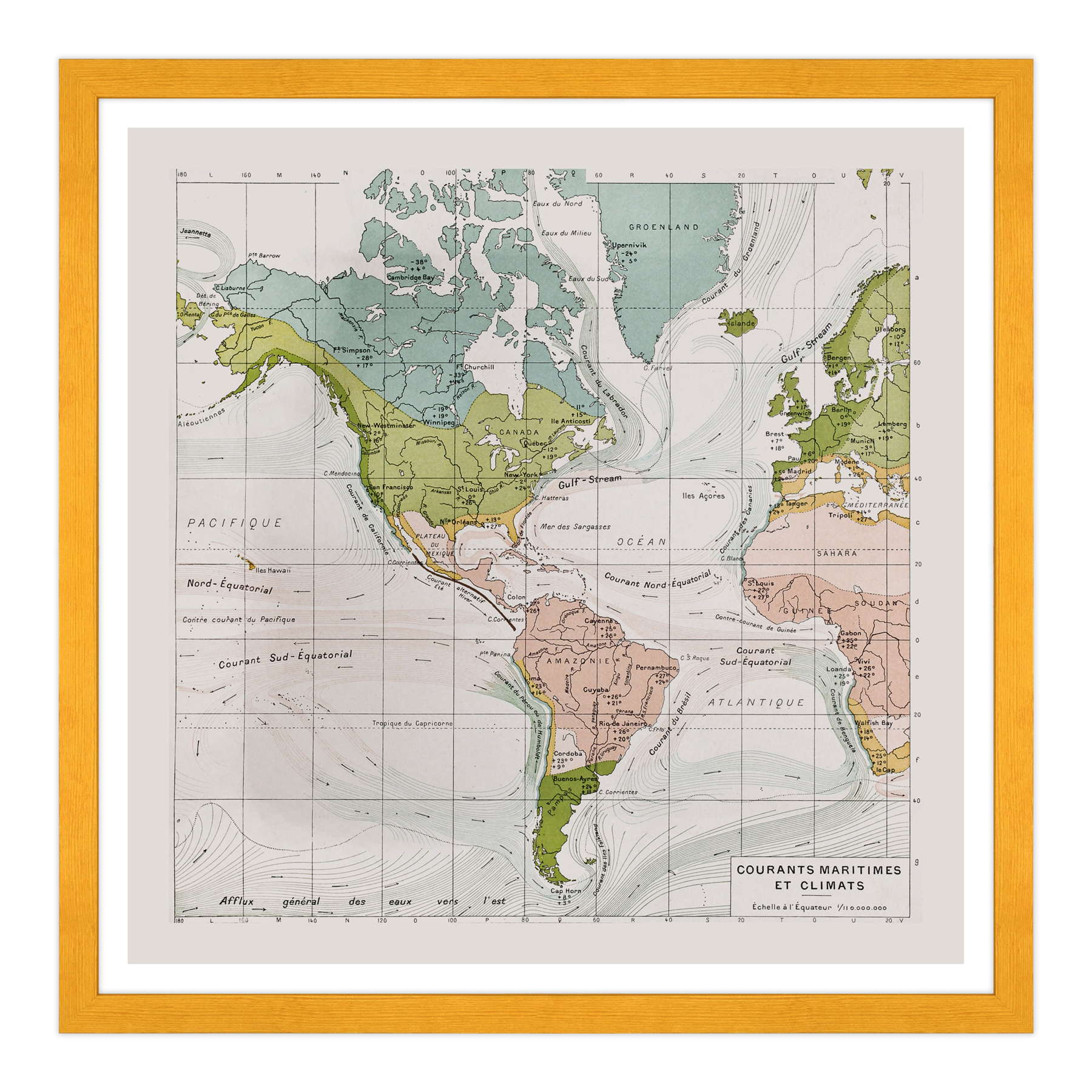 Antica Mappa America - Anno 1894 - Clima e Correnti Oceaniche Oceano
