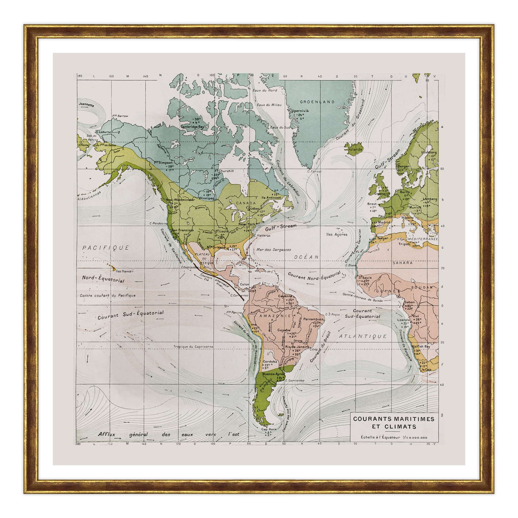 Antica Mappa America - Anno 1894 - Clima e Correnti Oceaniche Oceano