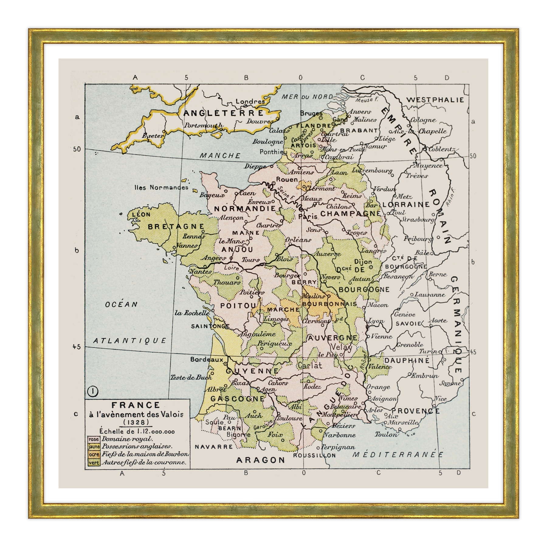 Antica Mappa Politica della Francia nel 1328 - Anno realizzazione 1894