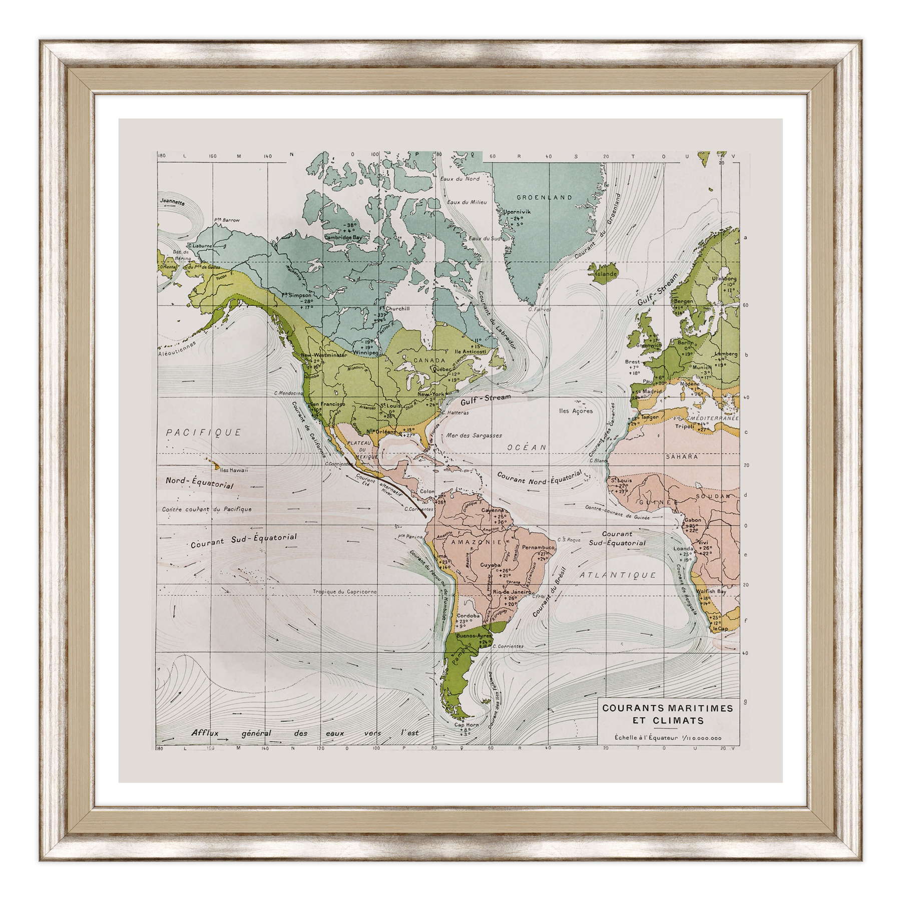Antica Mappa America - Anno 1894 - Clima e Correnti Oceaniche Oceano