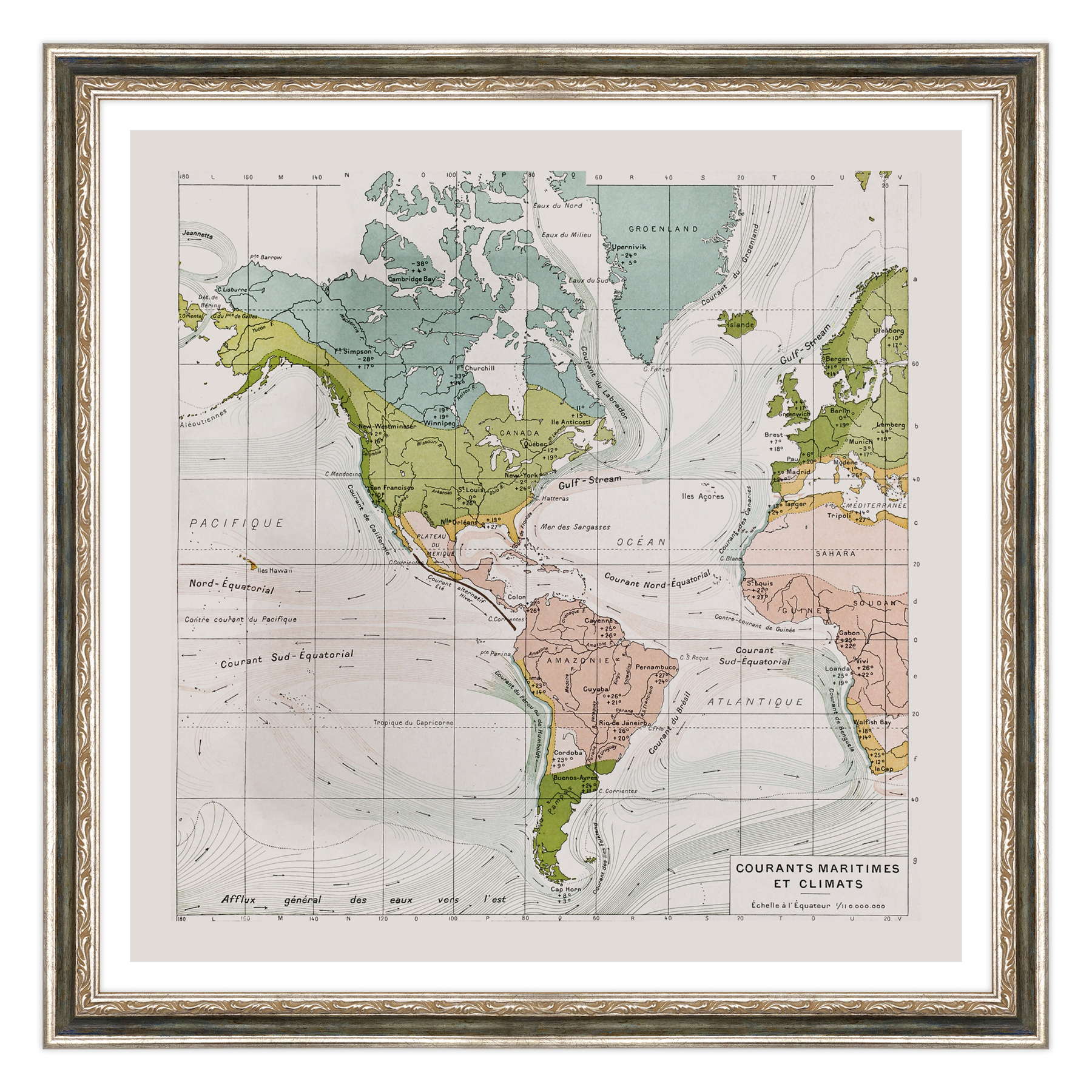 Antica Mappa America - Anno 1894 - Clima e Correnti Oceaniche Oceano