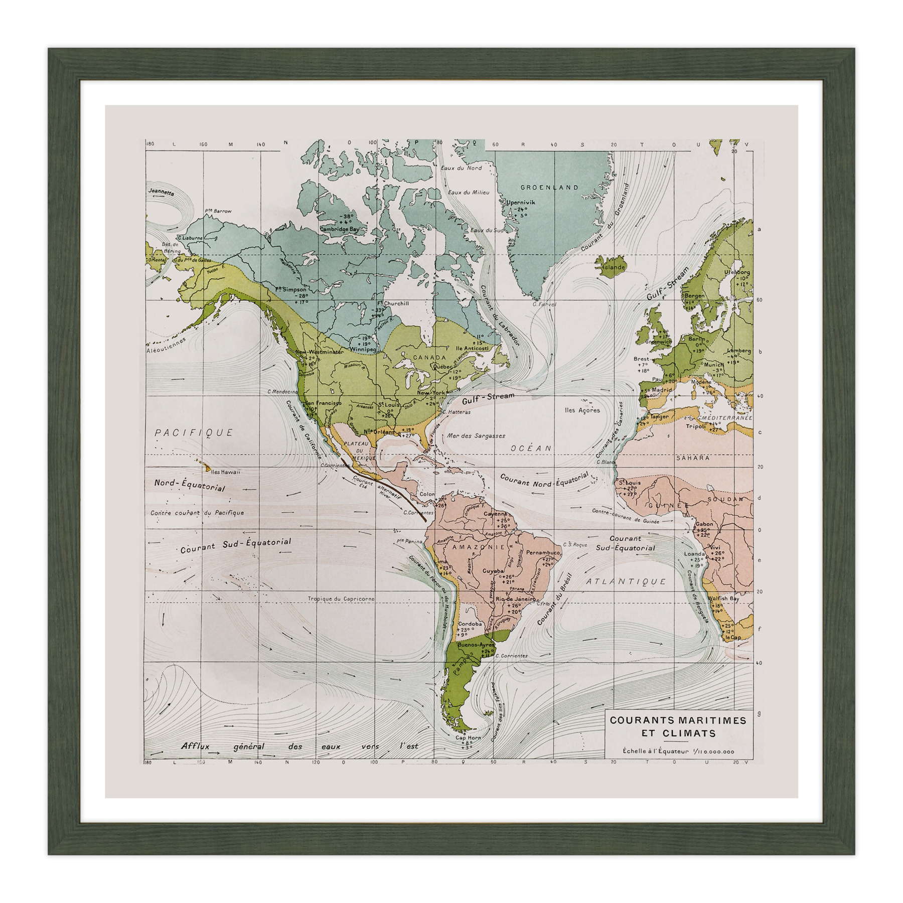 Antica Mappa America - Anno 1894 - Clima e Correnti Oceaniche Oceano