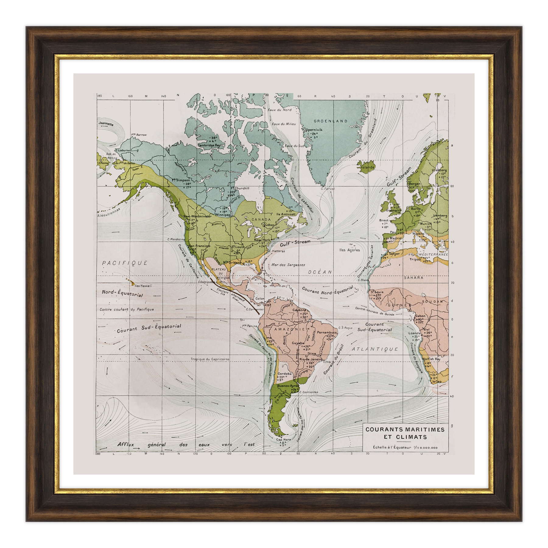 Antica Mappa America - Anno 1894 - Clima e Correnti Oceaniche Oceano