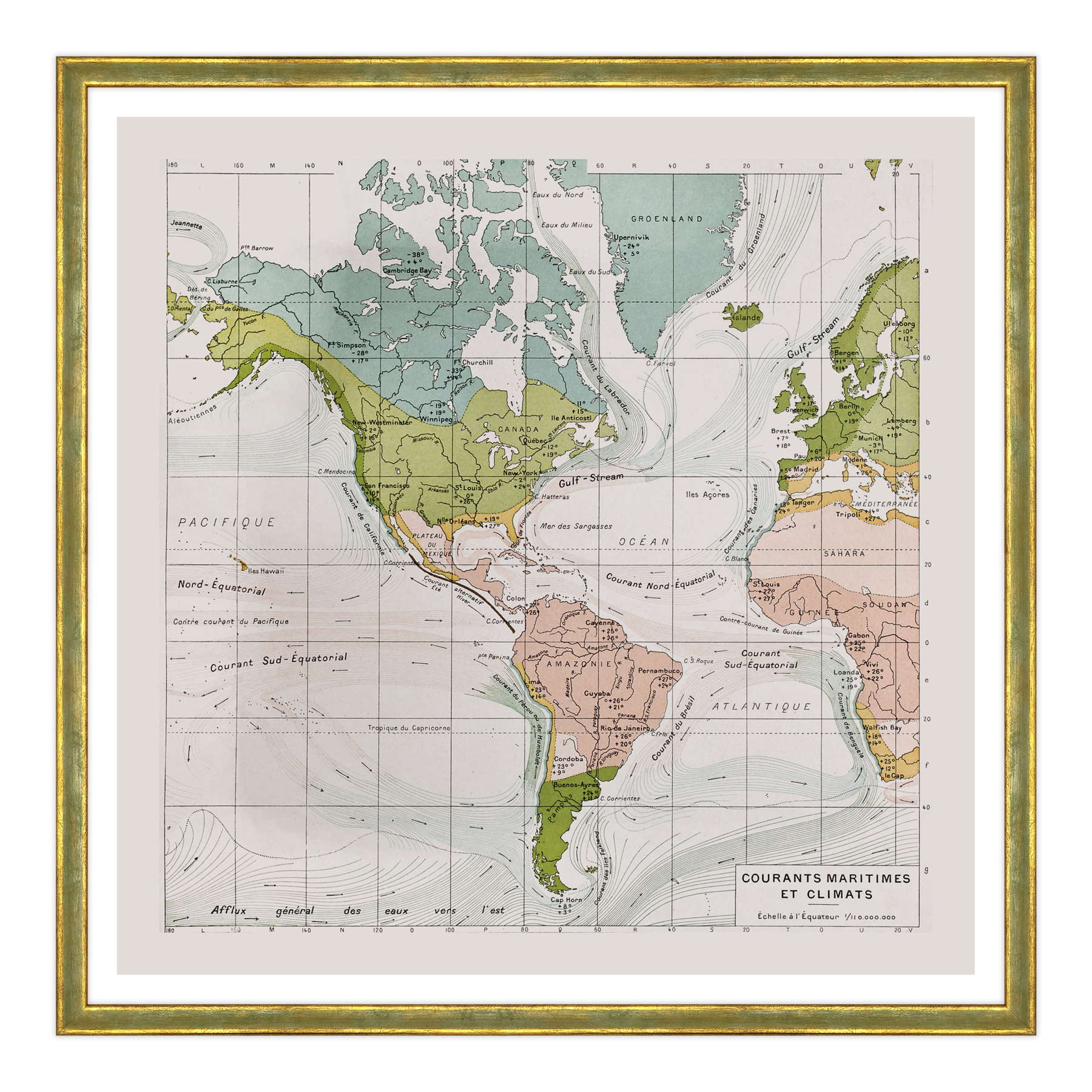 Antica Mappa America - Anno 1894 - Clima e Correnti Oceaniche Oceano